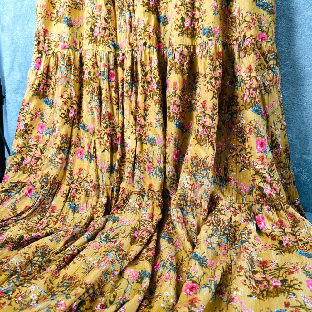 Wonderly 2X Mustard Floral Maxi Dress Cottagecore Boho Tiered Cap Sleeve Rayon - Picture 10 of 13